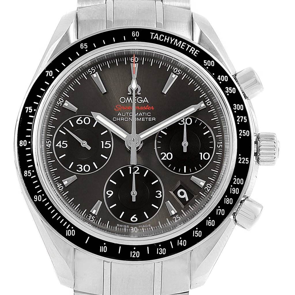 The image shows a frontal view of the Omega Speedmaster 323.30.40.40.06.001 Men
s Stainless Steel Grey Dial 323.30.40.40.06.001 Men
s Stainless Steel Grey Dial watch, highlighting its chronograph dials, tachymeter bezel, and metal bracelet.