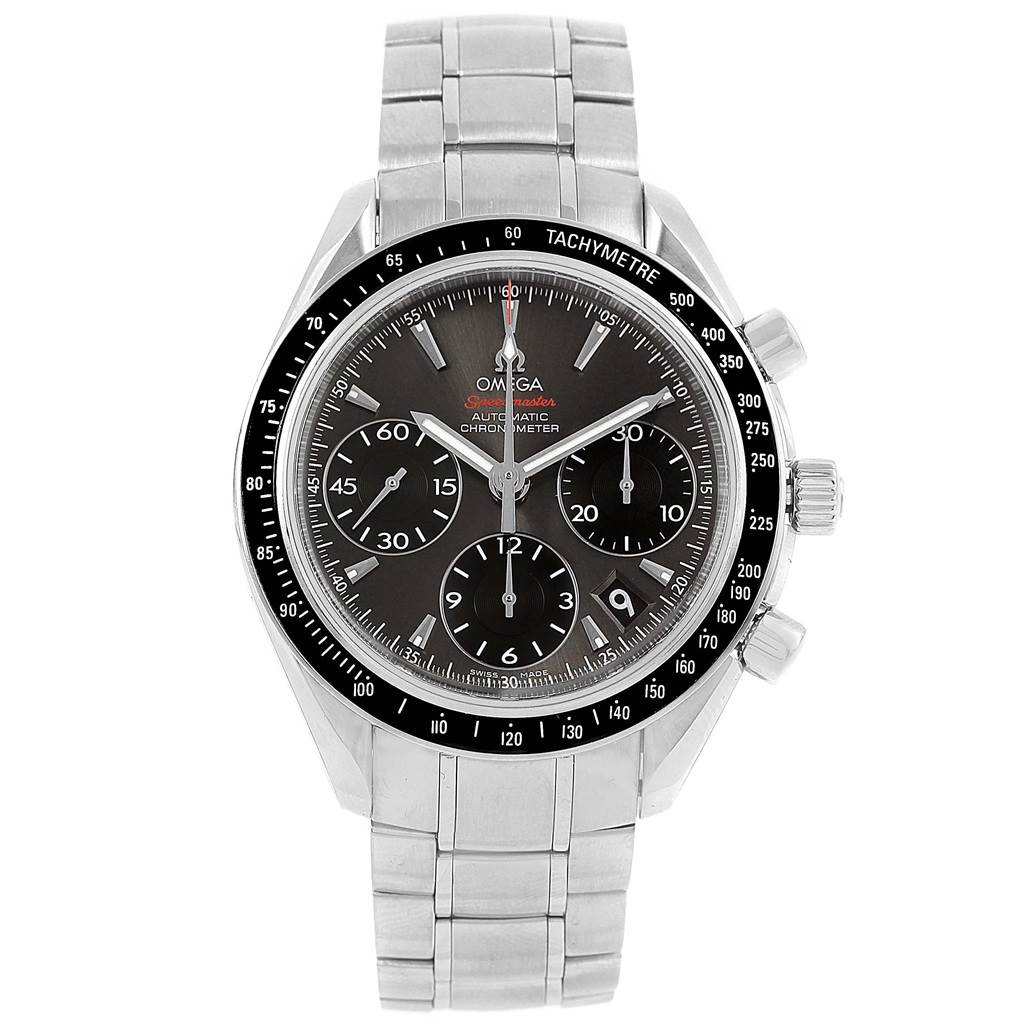 The Omega Speedmaster 323.30.40.40.06.001 Men
s Stainless Steel Grey Dial 323.30.40.40.06.001 Men
s Stainless Steel Grey Dial watch is shown from a front angle displaying the face, bezel, and bracelet.