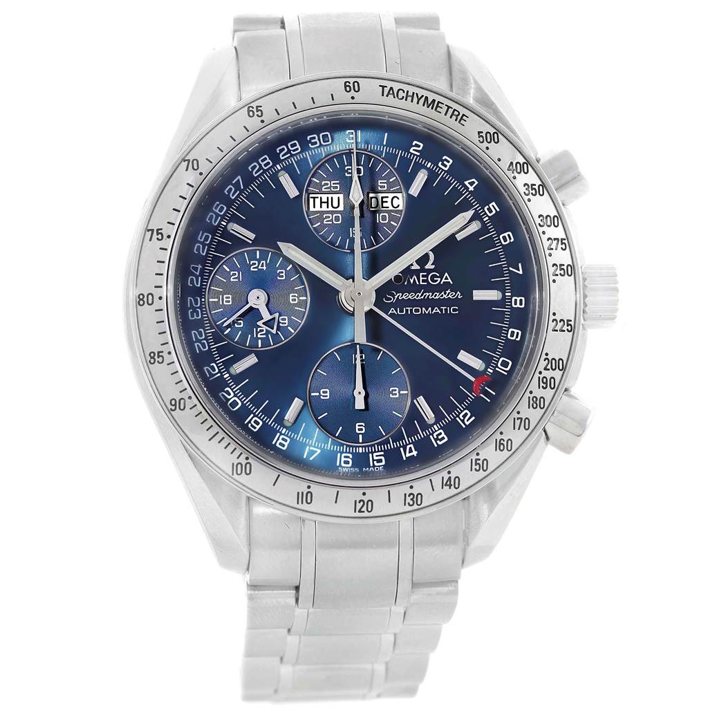 The image shows a front view of an Omega Speedmaster 3523.80.00 Men
s Stainless Steel Blue Dial 3523.80.00 Men
s Stainless Steel Blue Dial watch, highlighting its dial, subdials, tachymeter bezel, and bracelet.