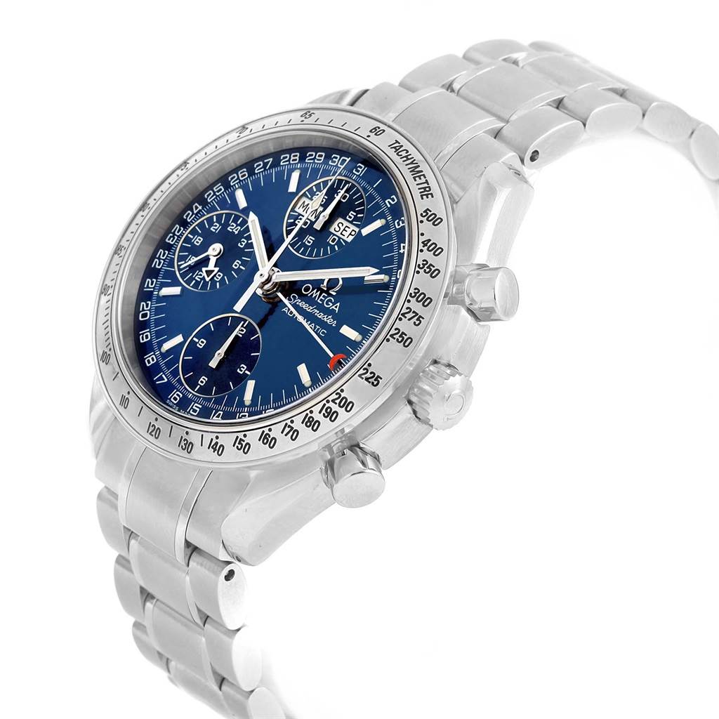 The Omega Speedmaster 3523.80.00 Men
s Stainless Steel Blue Dial 3523.80.00 Men
s Stainless Steel Blue Dial watch is shown at a three-quarter angle, showcasing the dial, bezel, crown, pushers, and part of the bracelet.