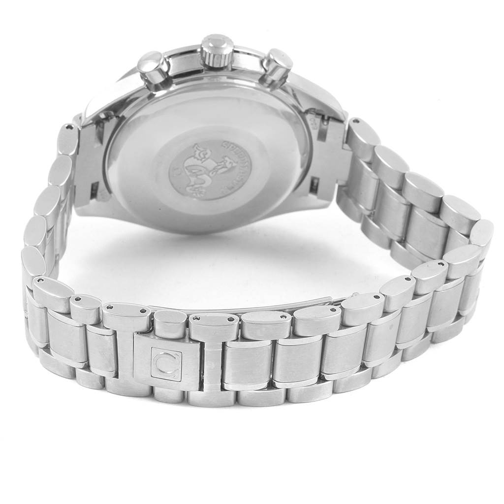 The image shows the back case and bracelet of the Omega Speedmaster 3523.80.00 Men
s Stainless Steel Blue Dial 3523.80.00 Men
s Stainless Steel Blue Dial watch.