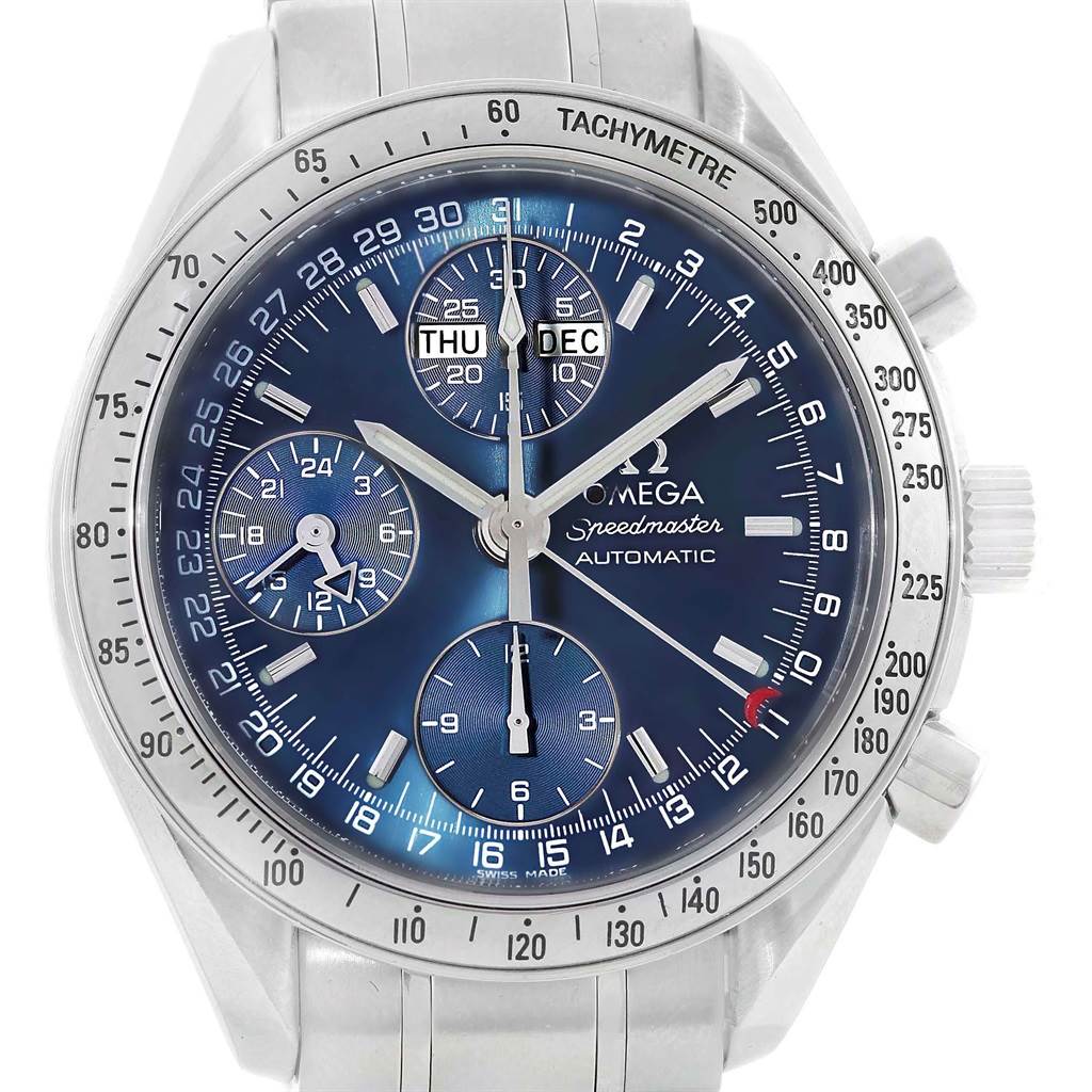 The image shows a front view of an Omega Speedmaster 3523.80.00 Men
s Stainless Steel Blue Dial 3523.80.00 Men
s Stainless Steel Blue Dial watch, highlighting the dial, subdials, and tachymeter bezel.
