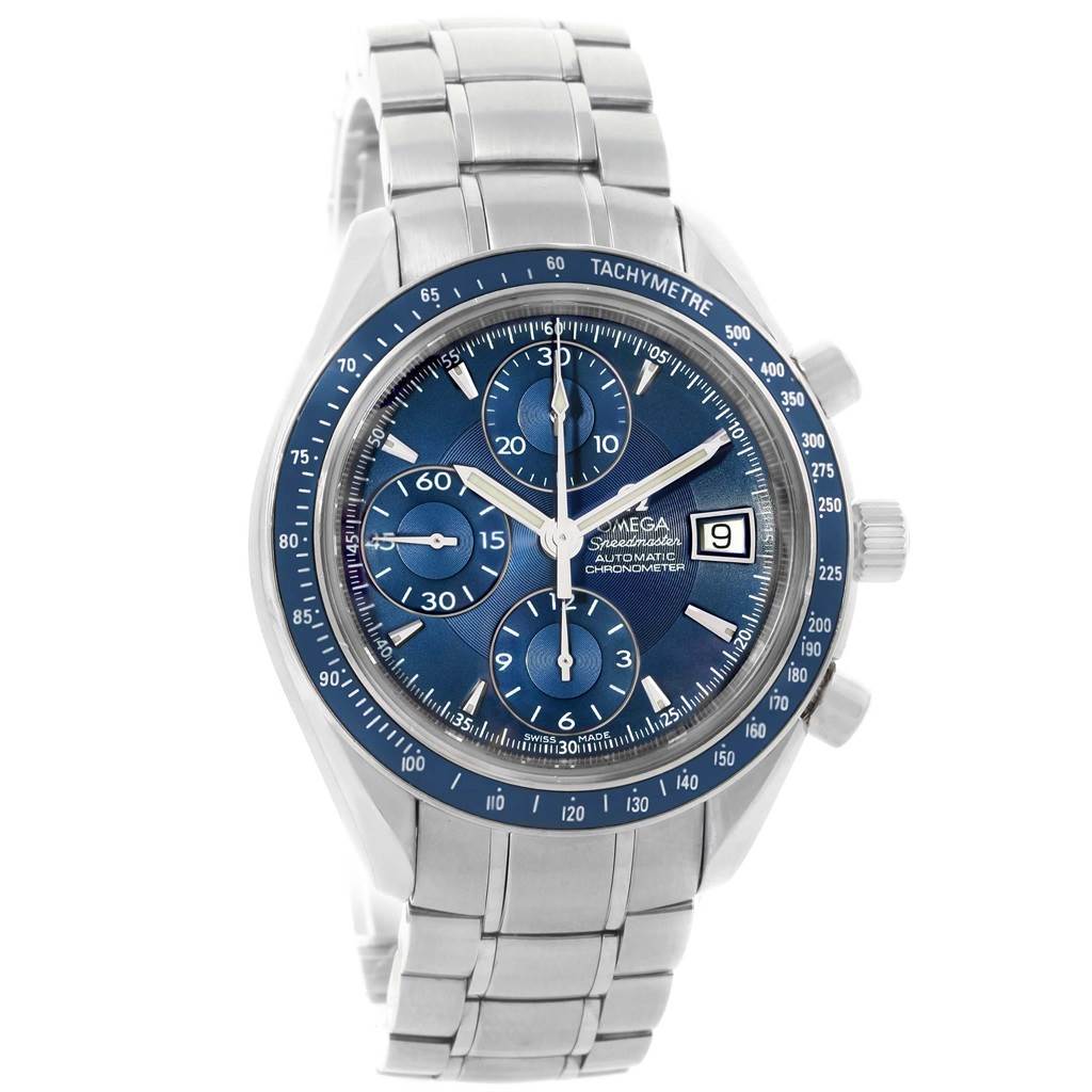 This image shows an Omega Speedmaster 3212.80.00 Men
s Stainless Steel Blue Dial 3212.80.00 Men
s Stainless Steel Blue Dial watch at an angled front view, featuring the dial, bezel, pushers, crown, and bracelet.
