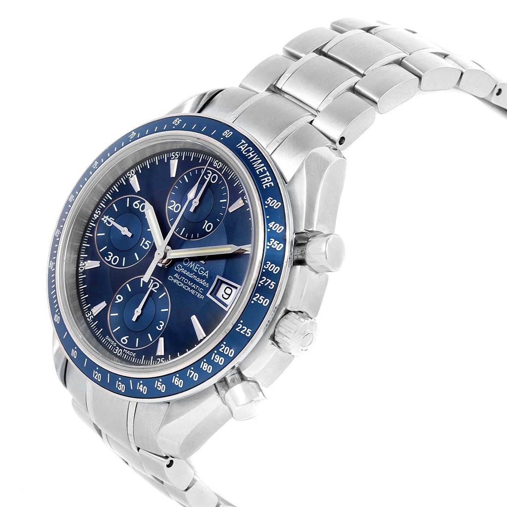 This Omega Speedmaster 3212.80.00 Men
s Stainless Steel Blue Dial 3212.80.00 Men
s Stainless Steel Blue Dial watch is shown at a three-quarter angle, highlighting its blue dial, tachymeter bezel, and stainless steel bracelet.