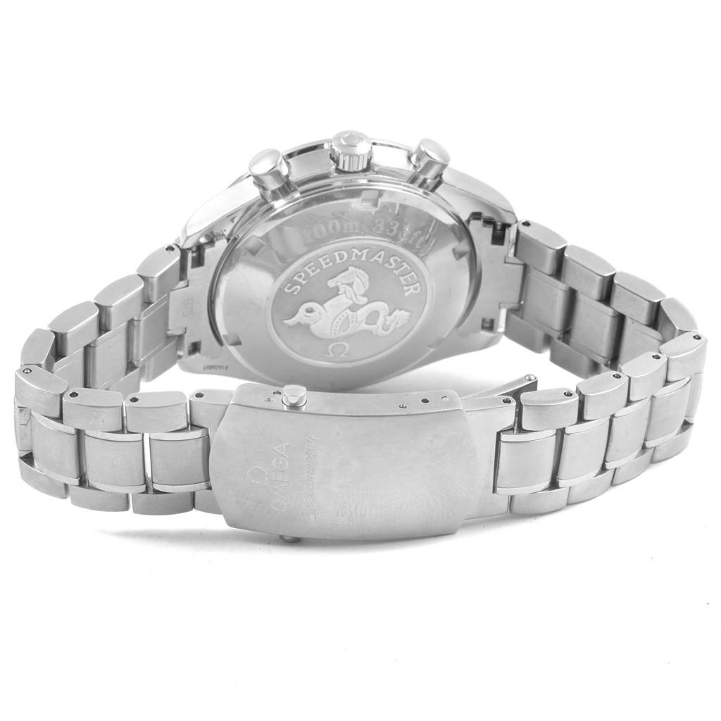 The image shows the back and clasp of an Omega Speedmaster 3212.80.00 Men
s Stainless Steel Blue Dial 3212.80.00 Men
s Stainless Steel Blue Dial watch, highlighting the case back and stainless steel bracelet links.