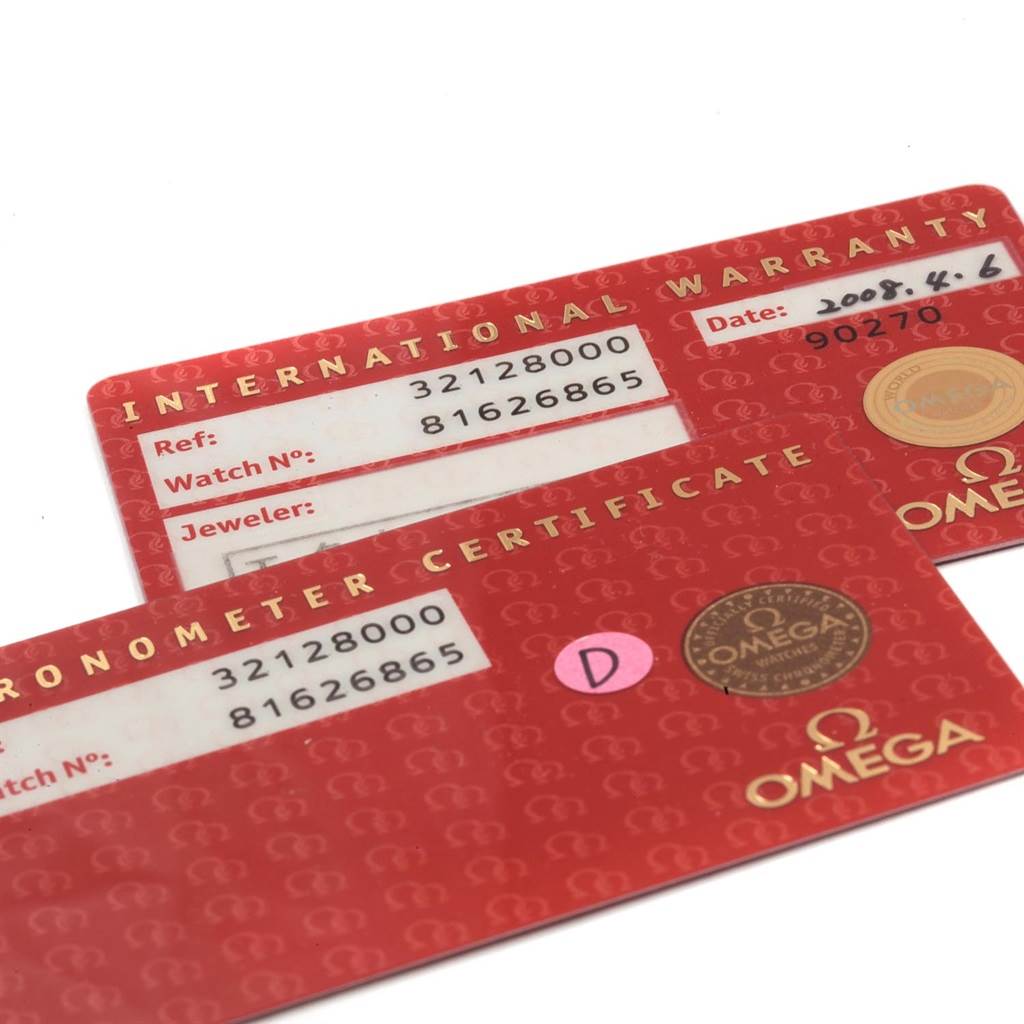 Two Omega Speedmaster 3212.80.00 Men
s Stainless Steel Blue Dial 3212.80.00 Men
s Stainless Steel Blue Dial cards are shown: an International Warranty card and a Chronometer Certificate card.