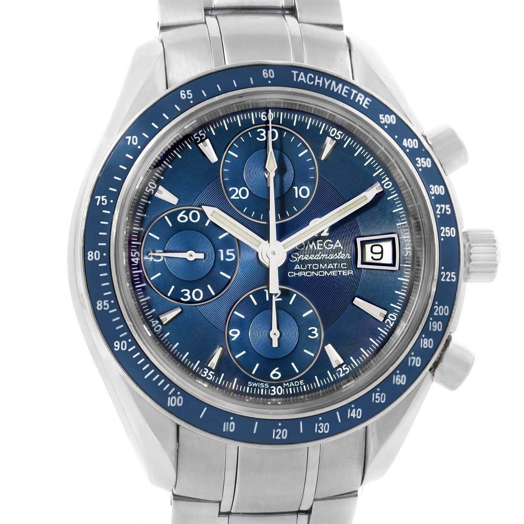 This image shows a front view of the Omega Speedmaster 3212.80.00 Men
s Stainless Steel Blue Dial 3212.80.00 Men
s Stainless Steel Blue Dial with a blue dial, tachymeter bezel, chronograph subdials, and date display.