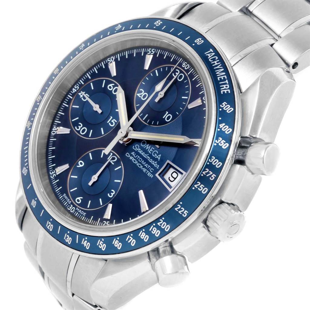 The Omega Speedmaster 3212.80.00 Men
s Stainless Steel Blue Dial 3212.80.00 Men
s Stainless Steel Blue Dial watch is shown from a slight angle, highlighting the face, bezel, pushers, and bracelet.