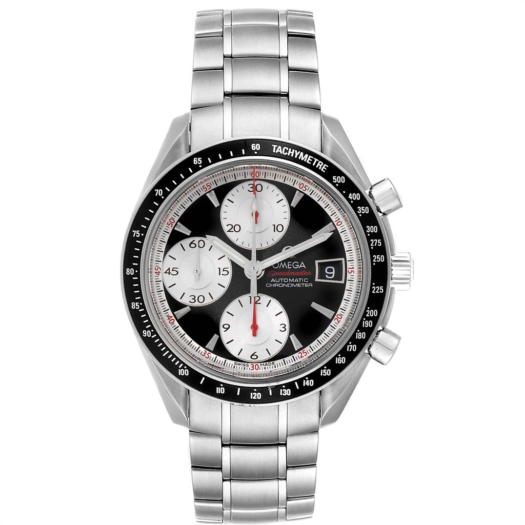 The Omega Speedmaster 3210.51.00 Men
s Stainless Steel Black Dial 3210.51.00 Men
s Stainless Steel Black Dial watch is shown from the front, displaying the dial, subdials, date window, and bracelet.