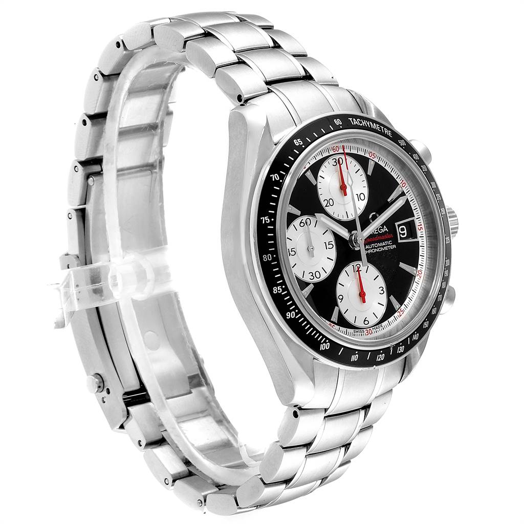 The Omega Speedmaster 3210.51.00 Men
s Stainless Steel Black Dial 3210.51.00 Men
s Stainless Steel Black Dial watch is shown at a three-quarter angle, highlighting the dial, tachymeter bezel, and stainless steel bracelet.