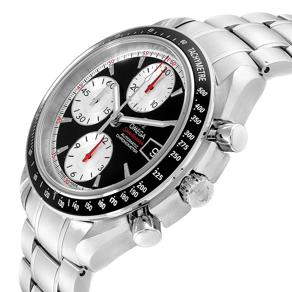 The Omega Speedmaster 3210.51.00 Men
s Stainless Steel Black Dial 3210.51.00 Men
s Stainless Steel Black Dial watch is shown from a 3/4 angle, highlighting its dial, chronograph subdials, bezel, and metal bracelet.