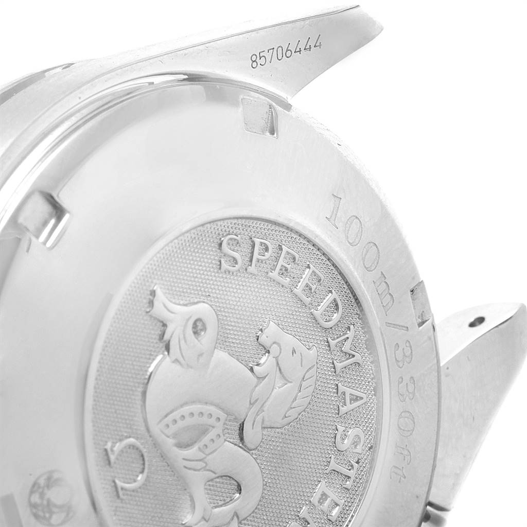 This image shows the stainless steel case back of an Omega Speedmaster 3210.51.00 Men
s Stainless Steel Black Dial 3210.51.00 Men
s Stainless Steel Black Dial watch, emphasizing the engraved logo and text.