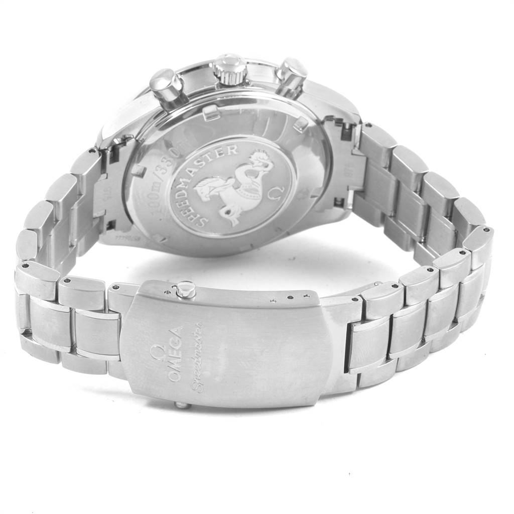 This image shows the clasp and engraved case back of the Omega Speedmaster 3210.51.00 Men
s Stainless Steel Black Dial 3210.51.00 Men
s Stainless Steel Black Dial watch from a rear angle.