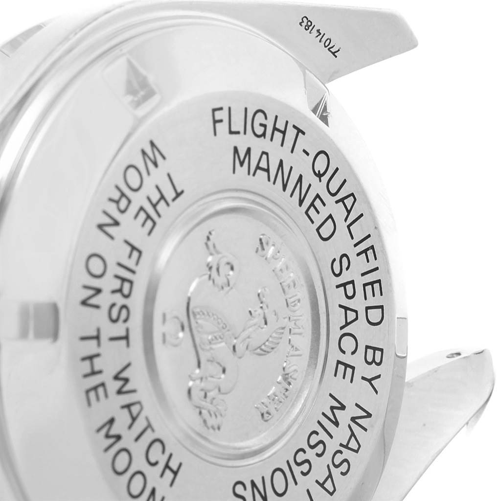 The image shows the backside of an Omega Speedmaster 3570.50.00 Men
s Stainless Steel Black Dial 3570.50.00 Men
s Stainless Steel Black Dial watch, highlighting the engraved text and logo on its case back.