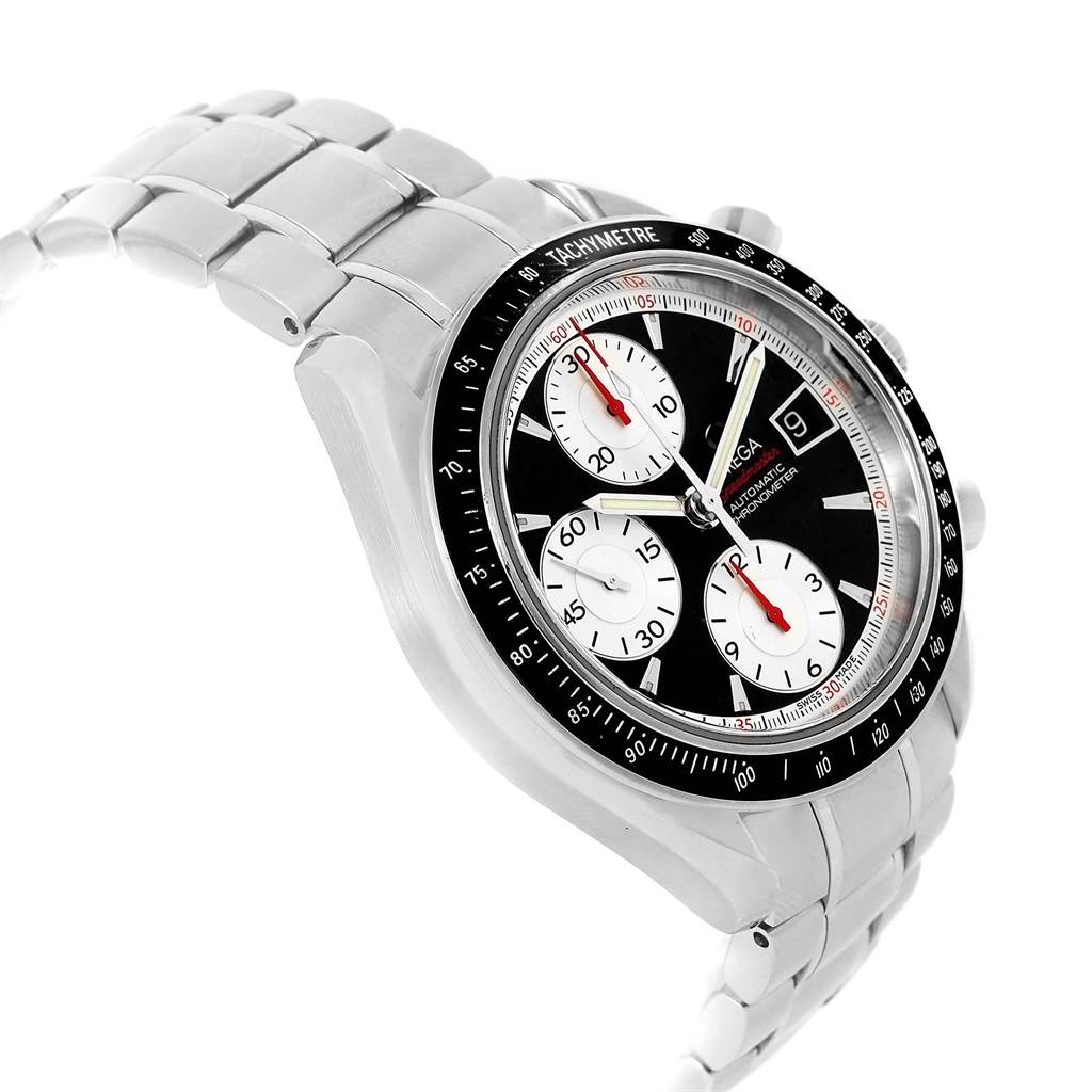 The Omega Speedmaster 3210.51.00 Men
s Stainless Steel Black Dial 3210.51.00 Men
s Stainless Steel Black Dial watch is shown at a slight angle, displaying the face, tachymeter bezel, and part of the metal bracelet.