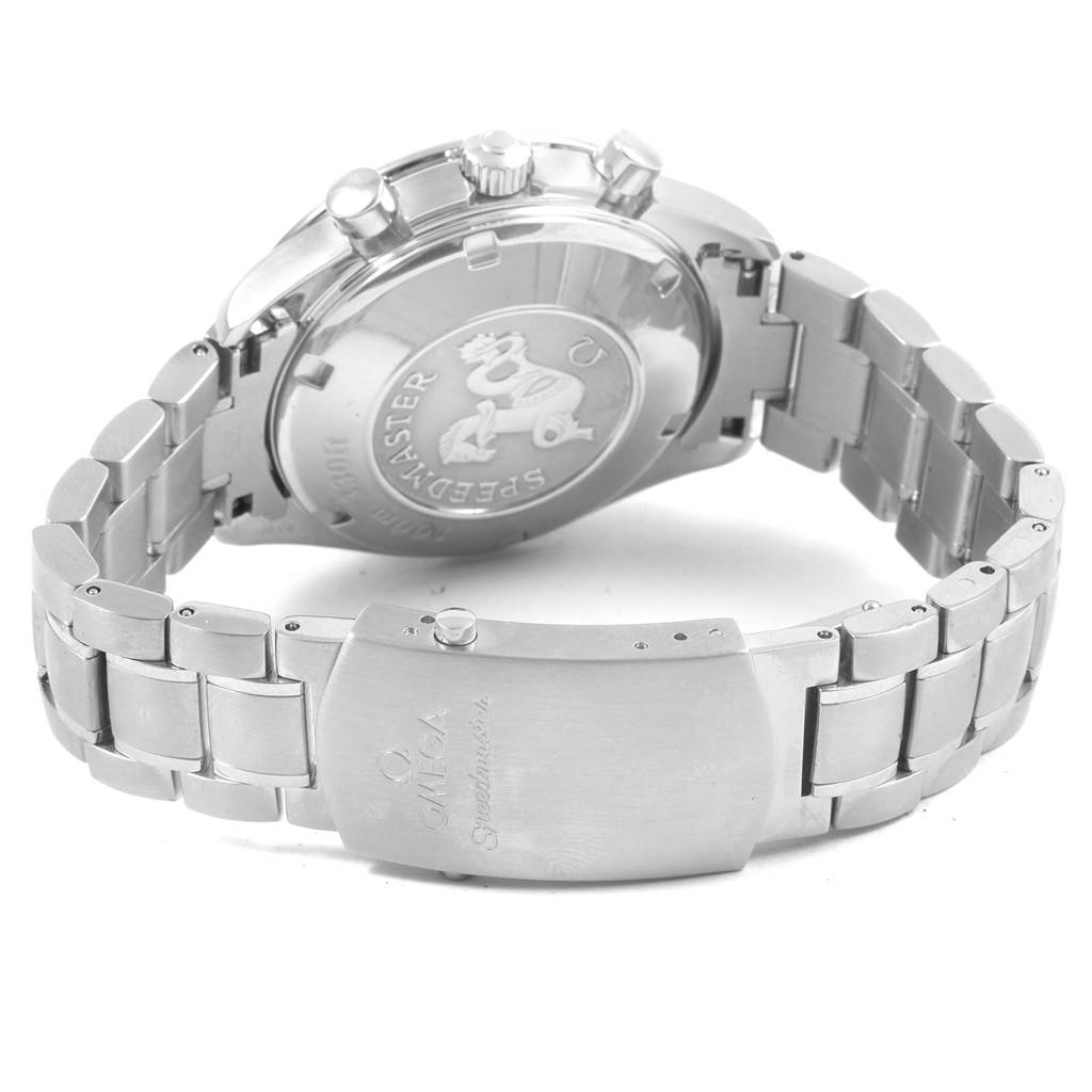 This Omega Speedmaster 3210.51.00 Men
s Stainless Steel Black Dial 3210.51.00 Men
s Stainless Steel Black Dial watch is viewed from the rear, showcasing its case back, bracelet, and clasp.