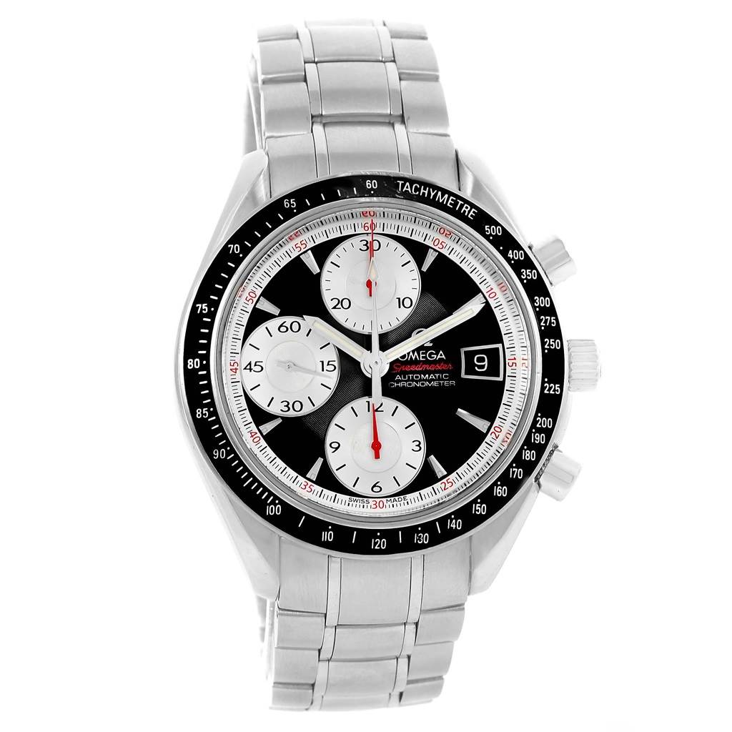 This image shows an Omega Speedmaster 3210.51.00 Men
s Stainless Steel Black Dial 3210.51.00 Men
s Stainless Steel Black Dial watch from a frontal angle, highlighting its dial, subdials, and metal band.