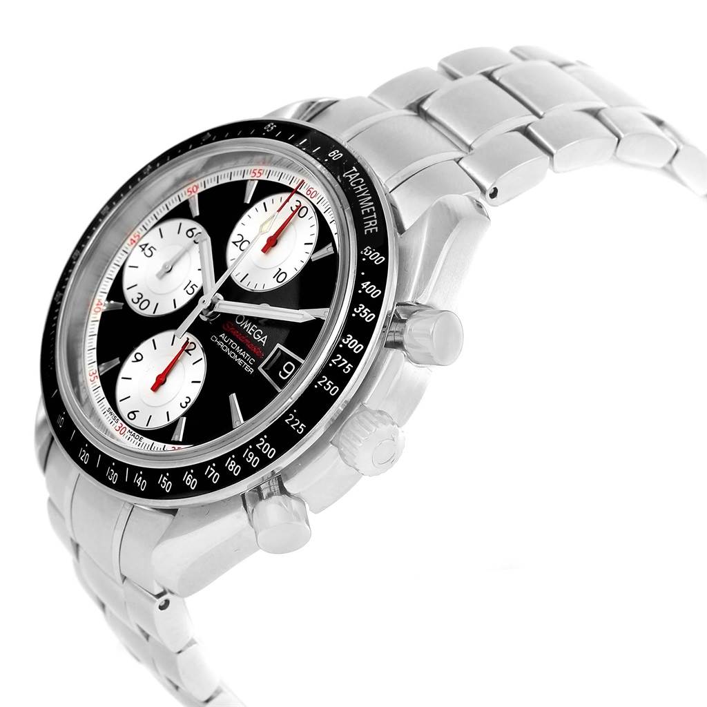 The Omega Speedmaster 3210.51.00 Men
s Stainless Steel Black Dial 3210.51.00 Men
s Stainless Steel Black Dial watch is shown at an angle highlighting the dial, chronograph pushers, crown, and metal bracelet.
