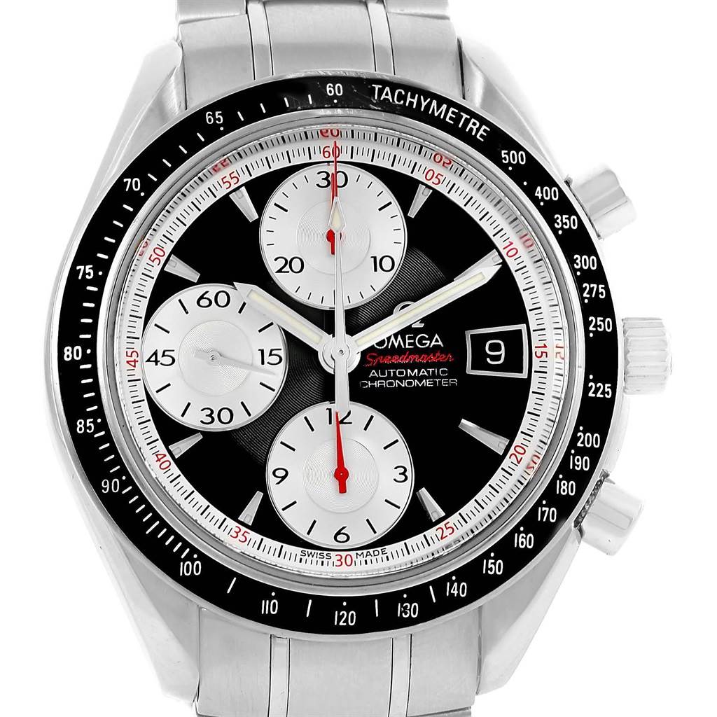 The Omega Speedmaster 3210.51.00 Men
s Stainless Steel Black Dial 3210.51.00 Men
s Stainless Steel Black Dial watch is shown from a front angle, highlighting its dial, sub-dials, and tachymeter bezel.