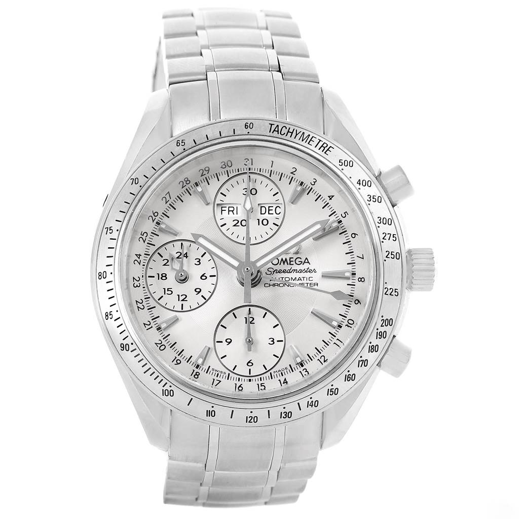 The image shows a frontal view of an Omega Speedmaster 3221.30.00 Men
s Stainless Steel Silver Dial 3221.30.00 Men
s Stainless Steel Silver Dial watch, highlighting its dial, subdials, and tachymeter bezel.