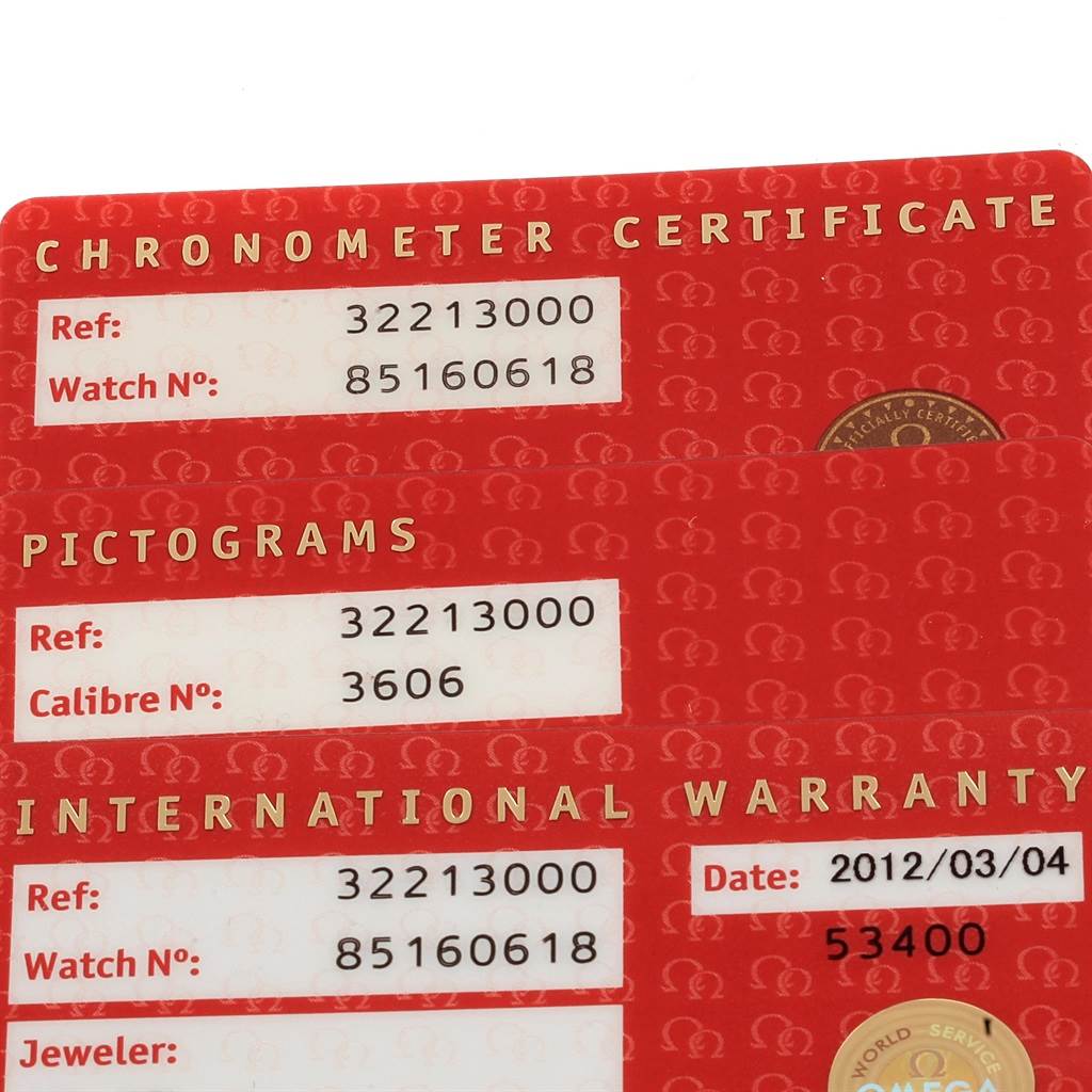 This image shows the Chronometer Certificate, Pictograms, and International Warranty cards for an Omega Speedmaster 3221.30.00 Men
s Stainless Steel Silver Dial 3221.30.00 Men
s Stainless Steel Silver Dial watch.