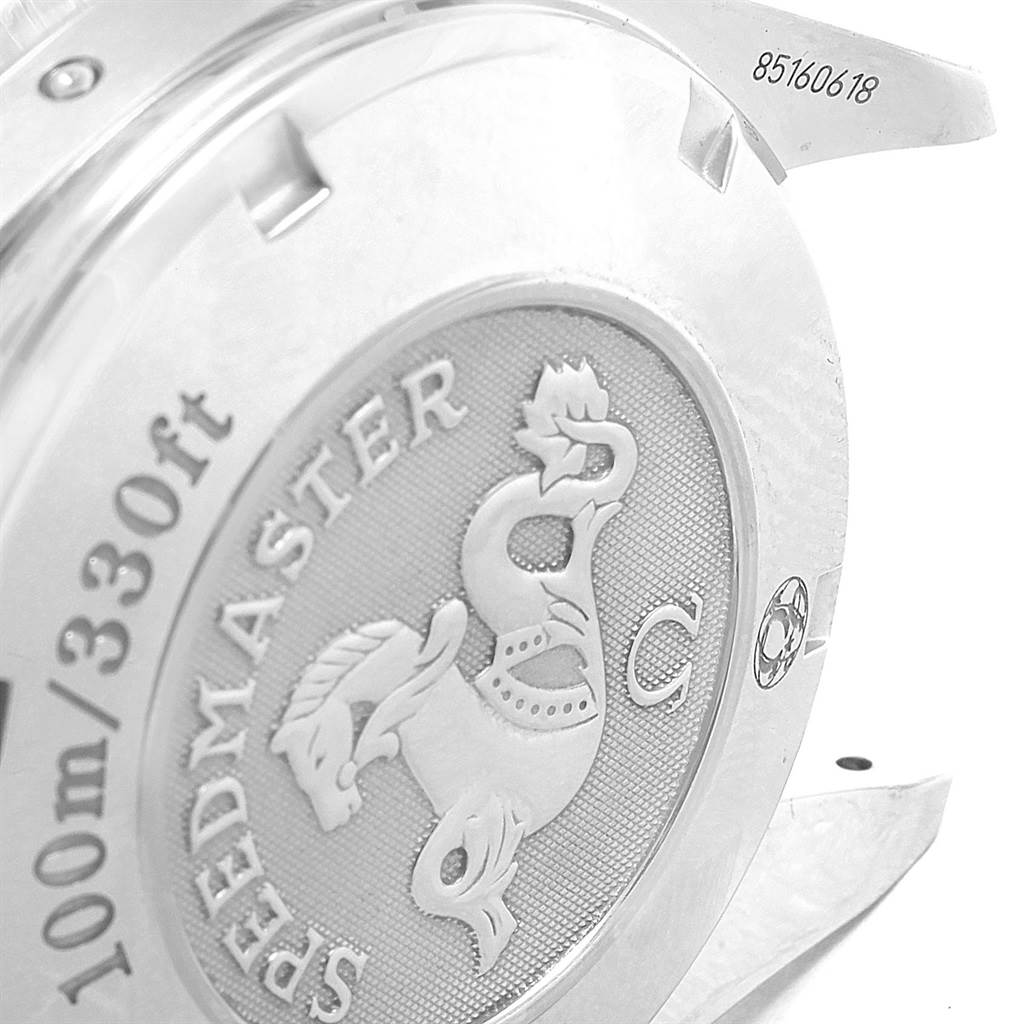 The image shows the engraved case back of an Omega Speedmaster 3221.30.00 Men
s Stainless Steel Silver Dial 3221.30.00 Men
s Stainless Steel Silver Dial, highlighting its water resistance and emblem.