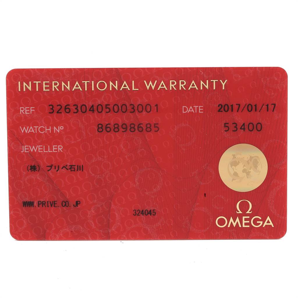 This image shows the international warranty card for the Omega Speedmaster 326.30.40.50.03.001 Men
s Stainless Steel Blue Dial 326.30.40.50.03.001 Men
s Stainless Steel Blue Dial watch, displaying reference number, date, and other details.
