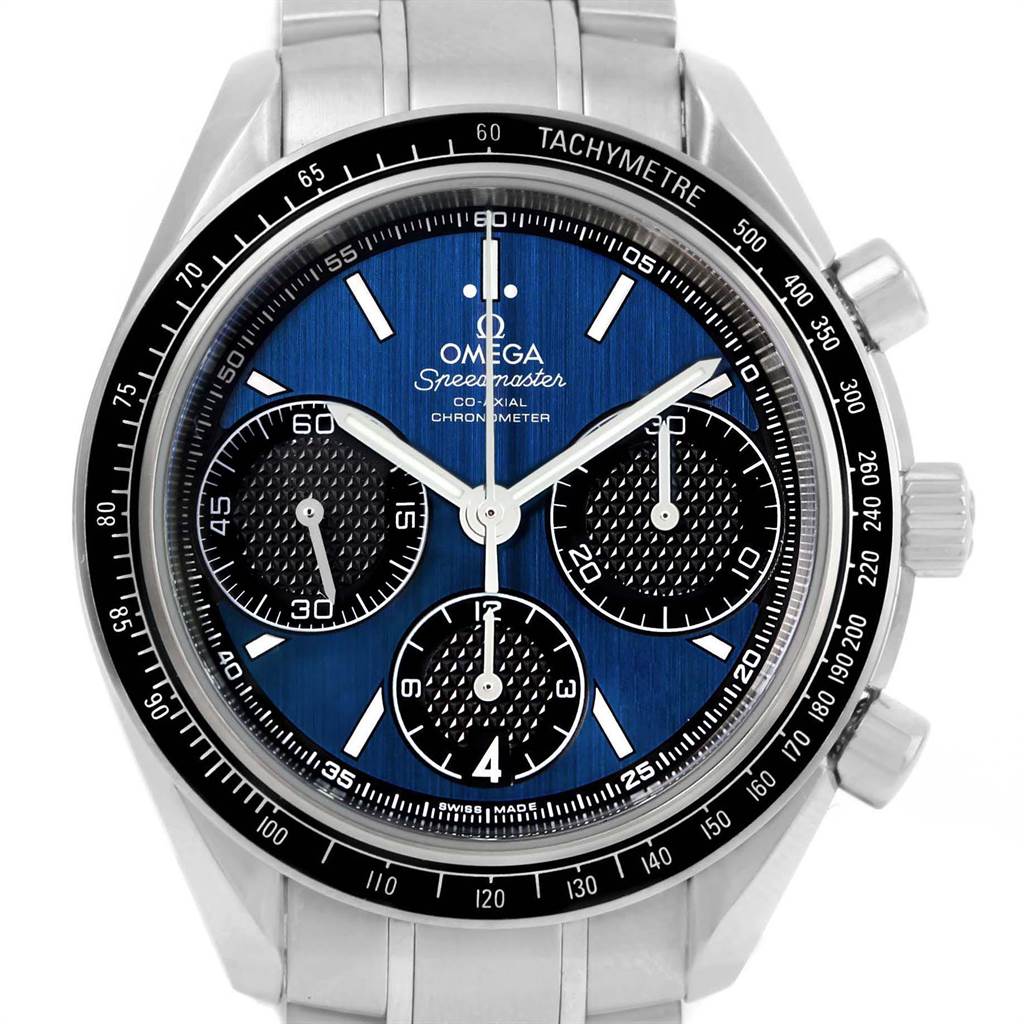 The image shows a front view of the dial and bezel of an Omega Speedmaster 326.30.40.50.03.001 Men
s Stainless Steel Blue Dial 326.30.40.50.03.001 Men
s Stainless Steel Blue Dial watch with a blue face and tachymetre scale.