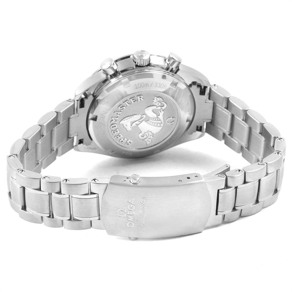 The image shows the back and clasp of an Omega Speedmaster 326.30.40.50.03.001 Men
s Stainless Steel Blue Dial 326.30.40.50.03.001 Men
s Stainless Steel Blue Dial watch, highlighting its case back engraving and stainless steel bracelet.