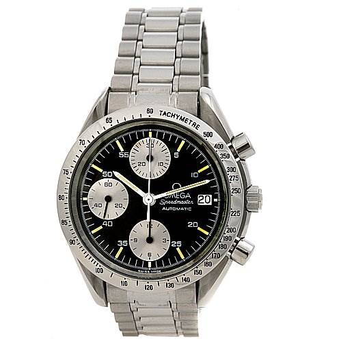 This image shows the front view of the Omega Speedmaster 3511.   50.   00 Men
s Stainless Steel Black Dial 3511.   50.   00 Men
s Stainless Steel Black Dial watch, highlighting the dial, sub-dials, tachymeter, and metal bracelet.
