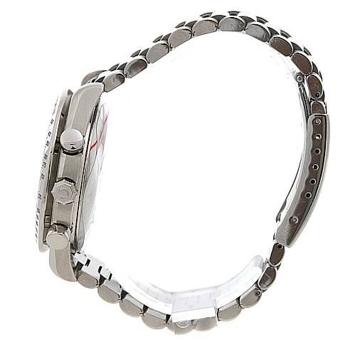 This side view of the Omega Speedmaster 3511.   50.   00 Men
s Stainless Steel Black Dial 3511.   50.   00 Men
s Stainless Steel Black Dial shows the case, crown, pushers, and part of the stainless steel bracelet.