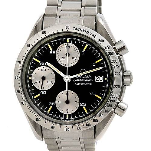 This image shows a front view of the Omega Speedmaster 3511.   50.   00 Men
s Stainless Steel Black Dial 3511.   50.   00 Men
s Stainless Steel Black Dial watch, highlighting its dial, chronograph subdials, bezel, and bracelet.