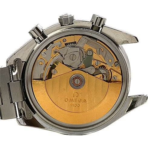 The image shows the inner mechanics and movement of the Omega Speedmaster 3511.   50.   00 Men
s Stainless Steel Black Dial 3511.   50.   00 Men
s Stainless Steel Black Dial watch from a rear angle with the case back removed.