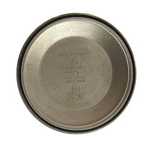 This image shows the inside case back of an Omega Speedmaster 3511.   50.   00 Men
s Stainless Steel Black Dial 3511.   50.   00 Men
s Stainless Steel Black Dial watch viewed from above.