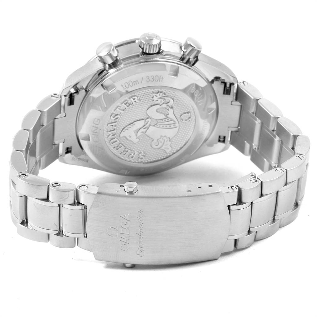 This image shows the back case and clasp of the Omega Speedmaster 326.30.40.50.01.001 Men
s Stainless Steel Black Dial 326.30.40.50.01.001 Men
s Stainless Steel Black Dial watch from a rear angle.