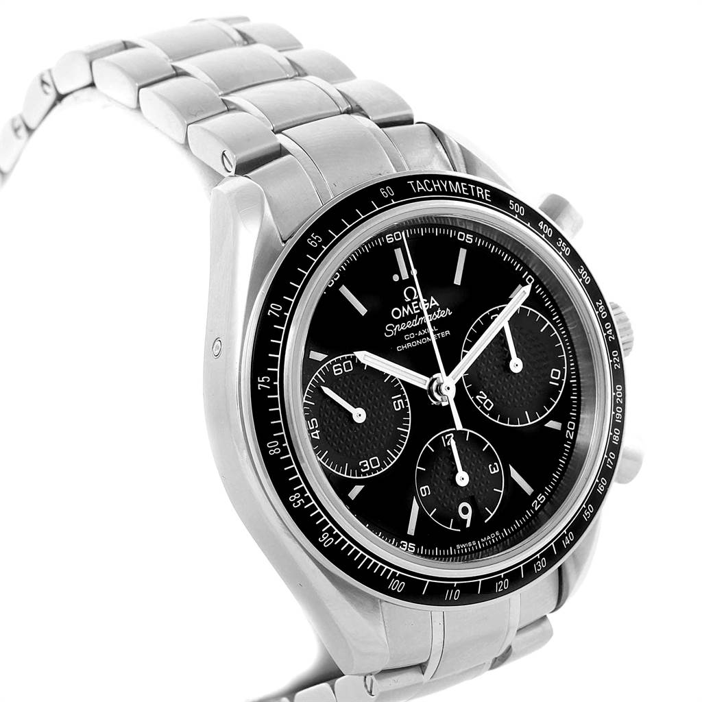 The image shows the Omega Speedmaster 326.30.40.50.01.001 Men
s Stainless Steel Black Dial 326.30.40.50.01.001 Men
s Stainless Steel Black Dial watch at an angle highlighting its face, bezel, and bracelet.