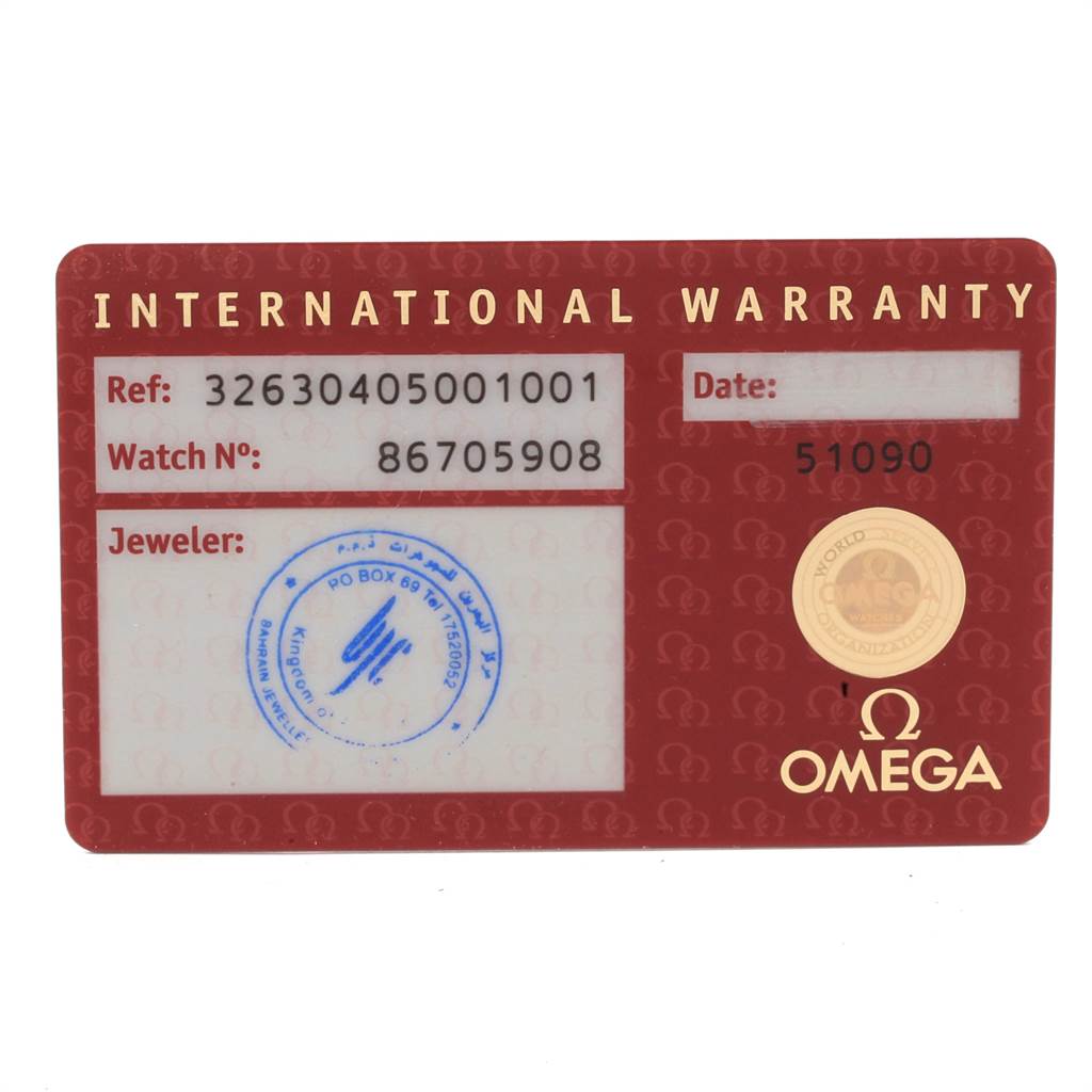 The image shows the International Warranty card for the Omega Speedmaster 326.30.40.50.01.001 Men
s Stainless Steel Black Dial 326.30.40.50.01.001 Men
s Stainless Steel Black Dial.