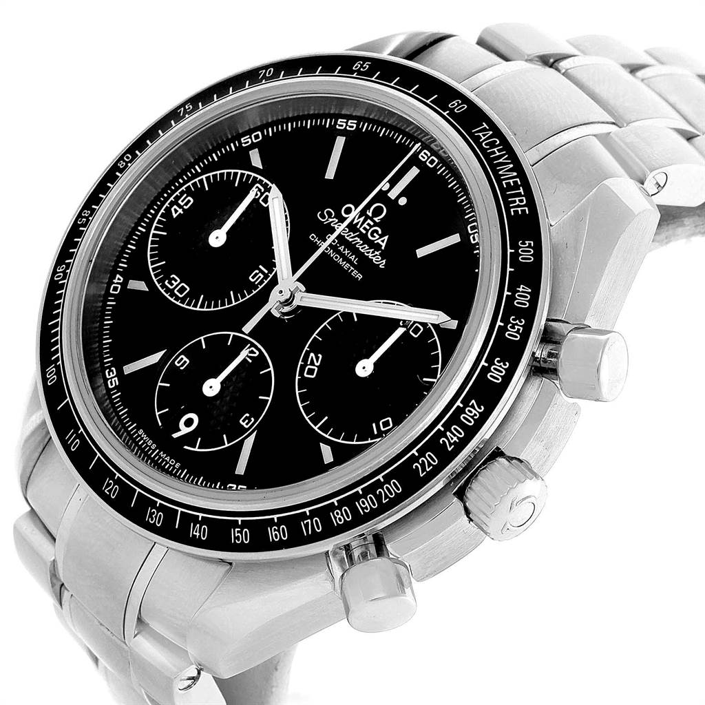 The image shows a close-up of an Omega Speedmaster 326.30.40.50.01.001 Men
s Stainless Steel Black Dial 326.30.40.50.01.001 Men
s Stainless Steel Black Dial watch face, bezel, crown, and stainless steel bracelet from a slightly tilted angle.