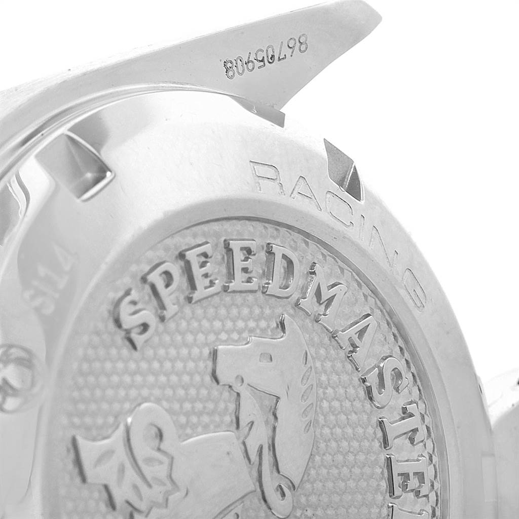 The image shows a close-up of the case back and lug of an Omega Speedmaster 326.30.40.50.01.001 Men
s Stainless Steel Black Dial 326.30.40.50.01.001 Men
s Stainless Steel Black Dial watch, highlighting the engraved details.