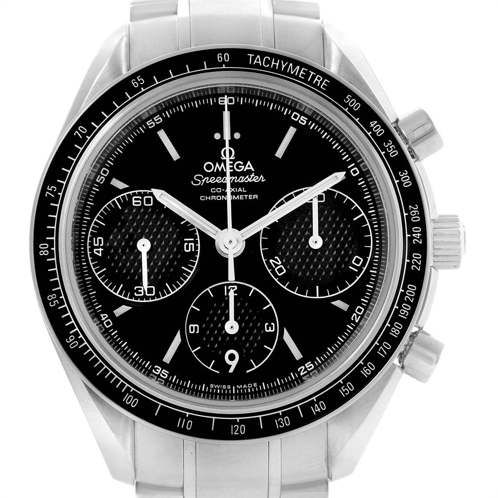 The image shows an Omega Speedmaster 326.30.40.50.01.001 Men
s Stainless Steel Black Dial 326.30.40.50.01.001 Men
s Stainless Steel Black Dial watch from a front-facing angle, displaying the dial, subdials, and tachymeter bezel.