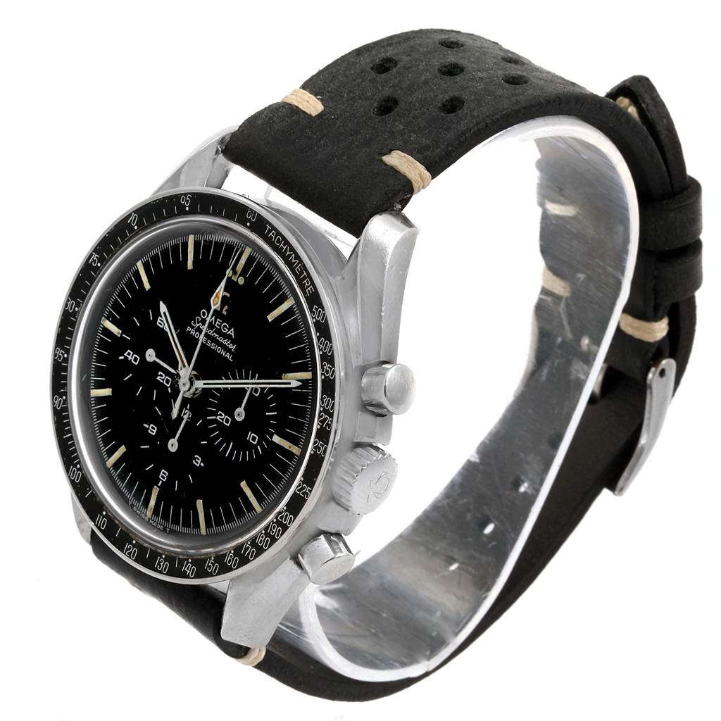 The image shows an Omega Speedmaster 145.012 Men
s Stainless Steel Black Dial 145.012 Men
s Stainless Steel Black Dial watch at an angled front view, displaying the dial, bezel, case, and strap.