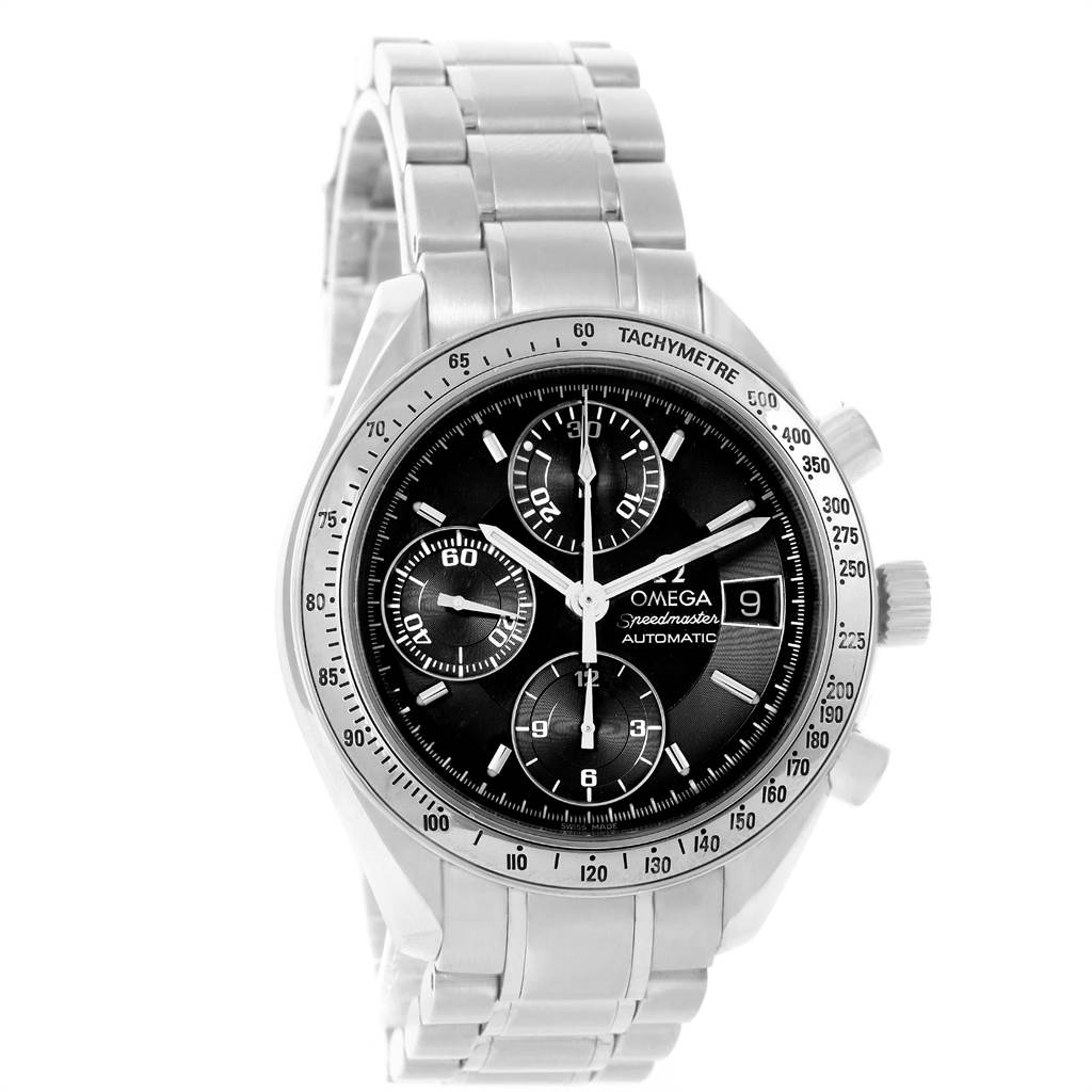 The image shows an Omega Speedmaster 3513.50.00 Men
s Stainless Steel Black Dial 3513.50.00 Men
s Stainless Steel Black Dial watch from a front angle, highlighting its dial, bezel, pushers, and metal strap.