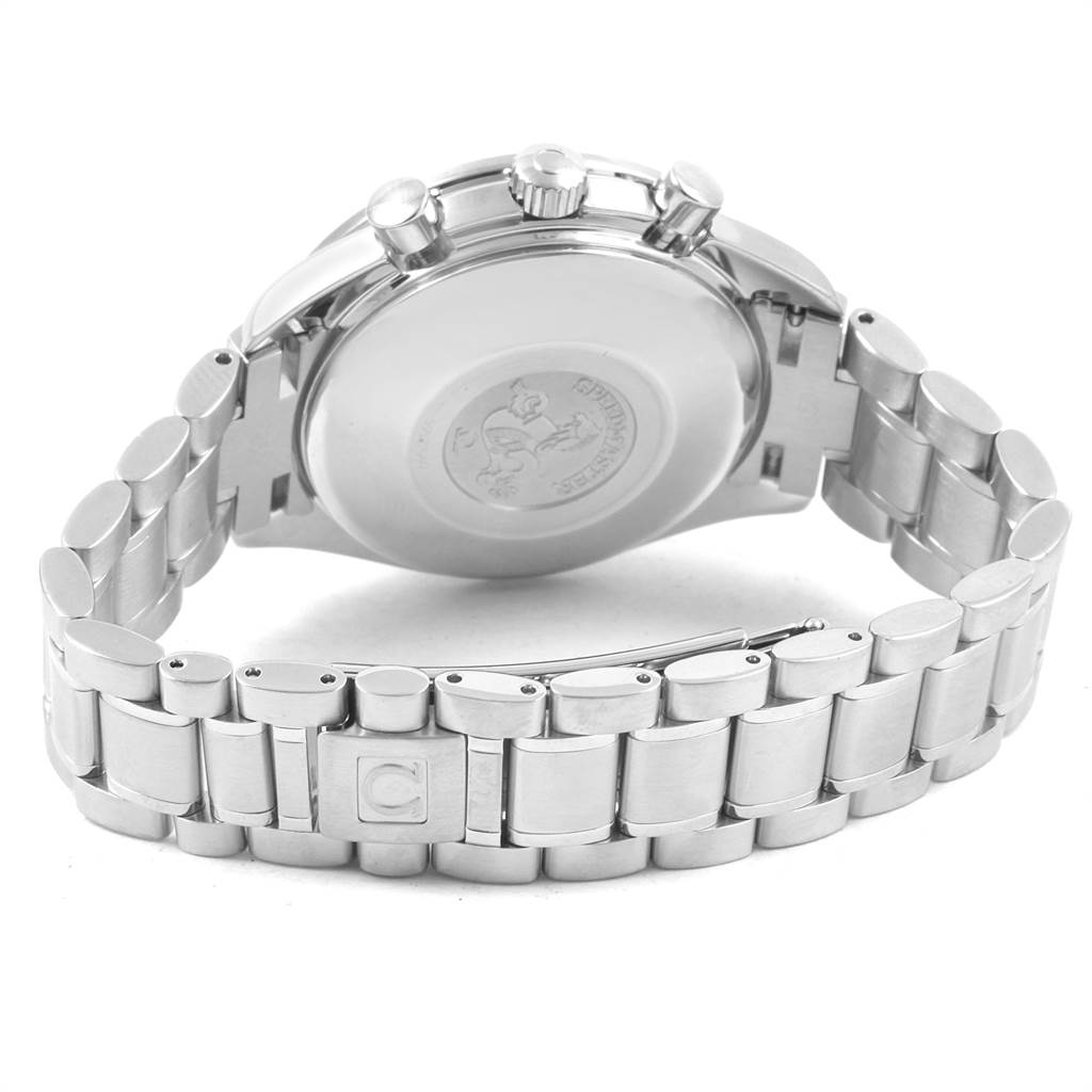 The image shows the back and bracelet of an Omega Speedmaster 3513.50.00 Men
s Stainless Steel Black Dial 3513.50.00 Men
s Stainless Steel Black Dial watch, highlighting the clasp and case back from a rear angle.