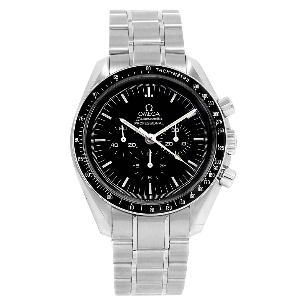 The image shows a frontal view of the Omega Speedmaster 311.30.42.30.01.005 Men
s Stainless Steel Black Dial 311.30.42.30.01.005 Men
s Stainless Steel Black Dial watch, displaying its dial, tachymeter bezel, and metallic bracelet.