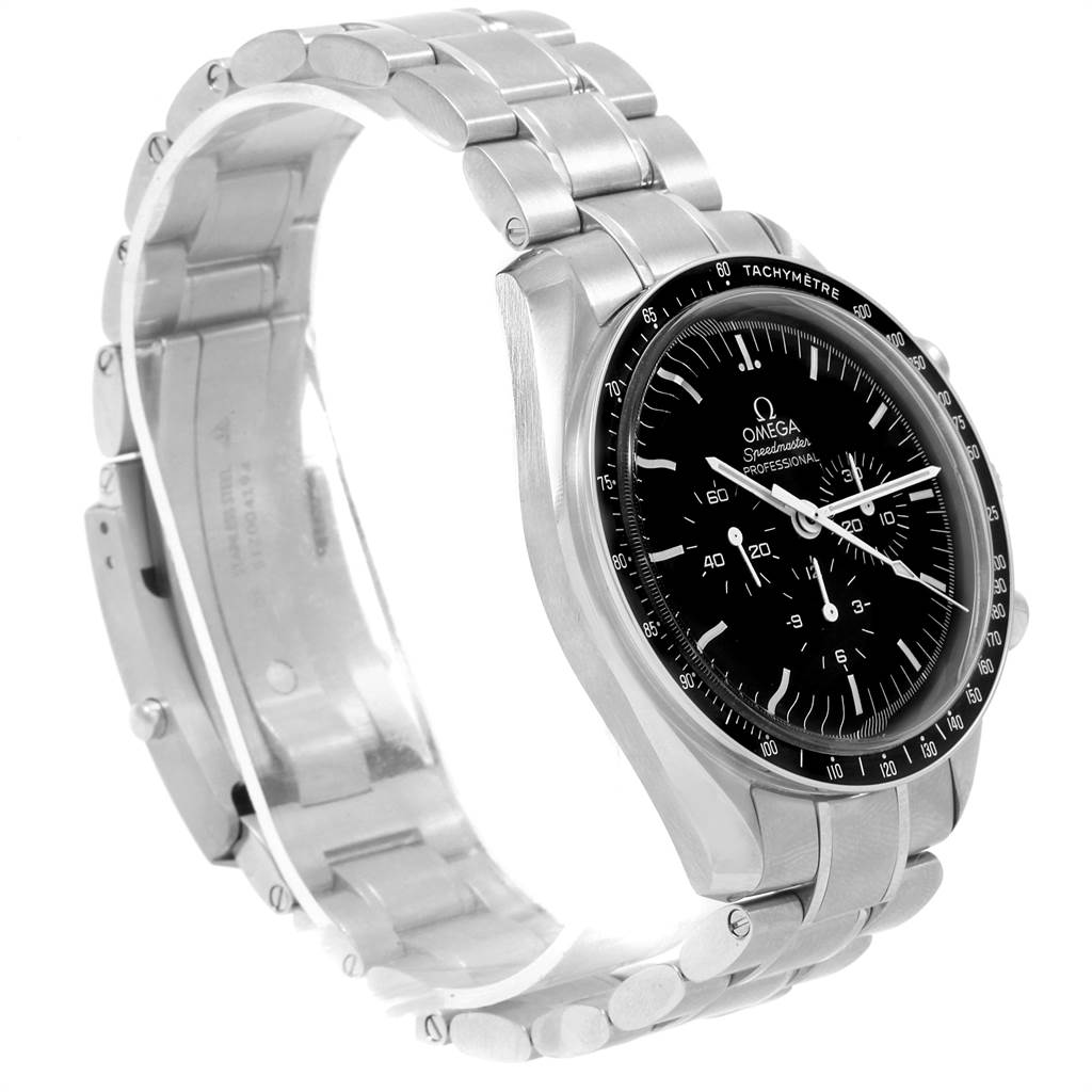 The image shows an Omega Speedmaster 311.30.42.30.01.005 Men
s Stainless Steel Black Dial 311.30.42.30.01.005 Men
s Stainless Steel Black Dial watch angled to display the face, bezel, and stainless steel bracelet.