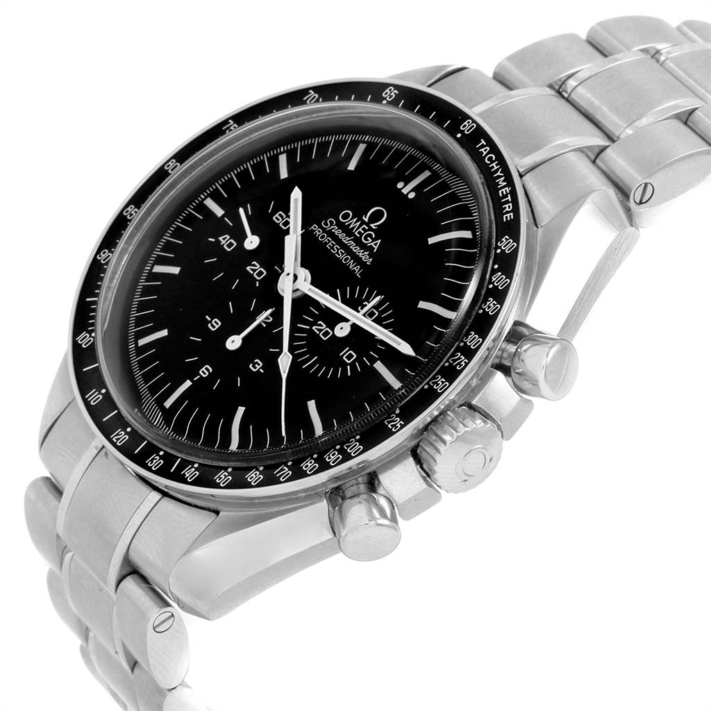 This image shows an angled view of an Omega Speedmaster 311.30.42.30.01.005 Men
s Stainless Steel Black Dial 311.30.42.30.01.005 Men
s Stainless Steel Black Dial watch, highlighting the face, bezel, crown, and part of the bracelet.