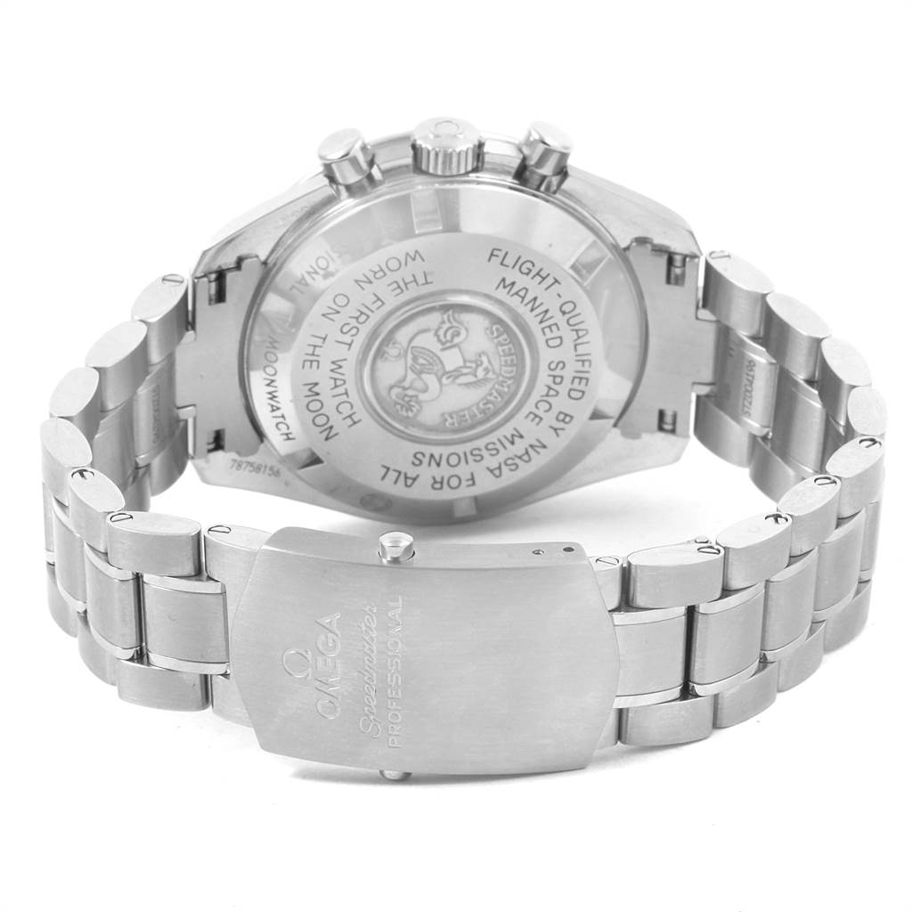 The image shows the back case and bracelet of the Omega Speedmaster 311.30.42.30.01.005 Men
s Stainless Steel Black Dial 311.30.42.30.01.005 Men
s Stainless Steel Black Dial watch.