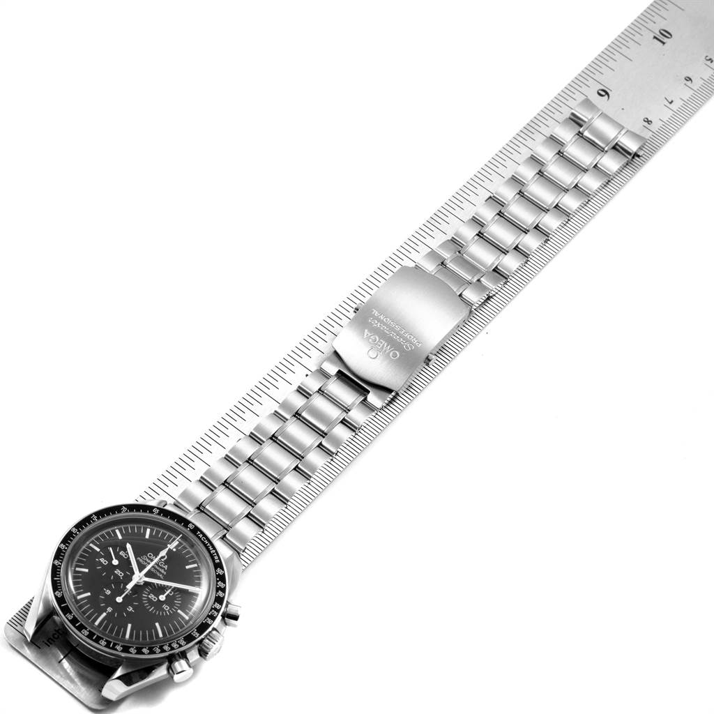 The Omega Speedmaster 311.30.42.30.01.005 Men
s Stainless Steel Black Dial 311.30.42.30.01.005 Men
s Stainless Steel Black Dial watch is shown from a top-down angle, displaying its face, metal bracelet, and clasp.