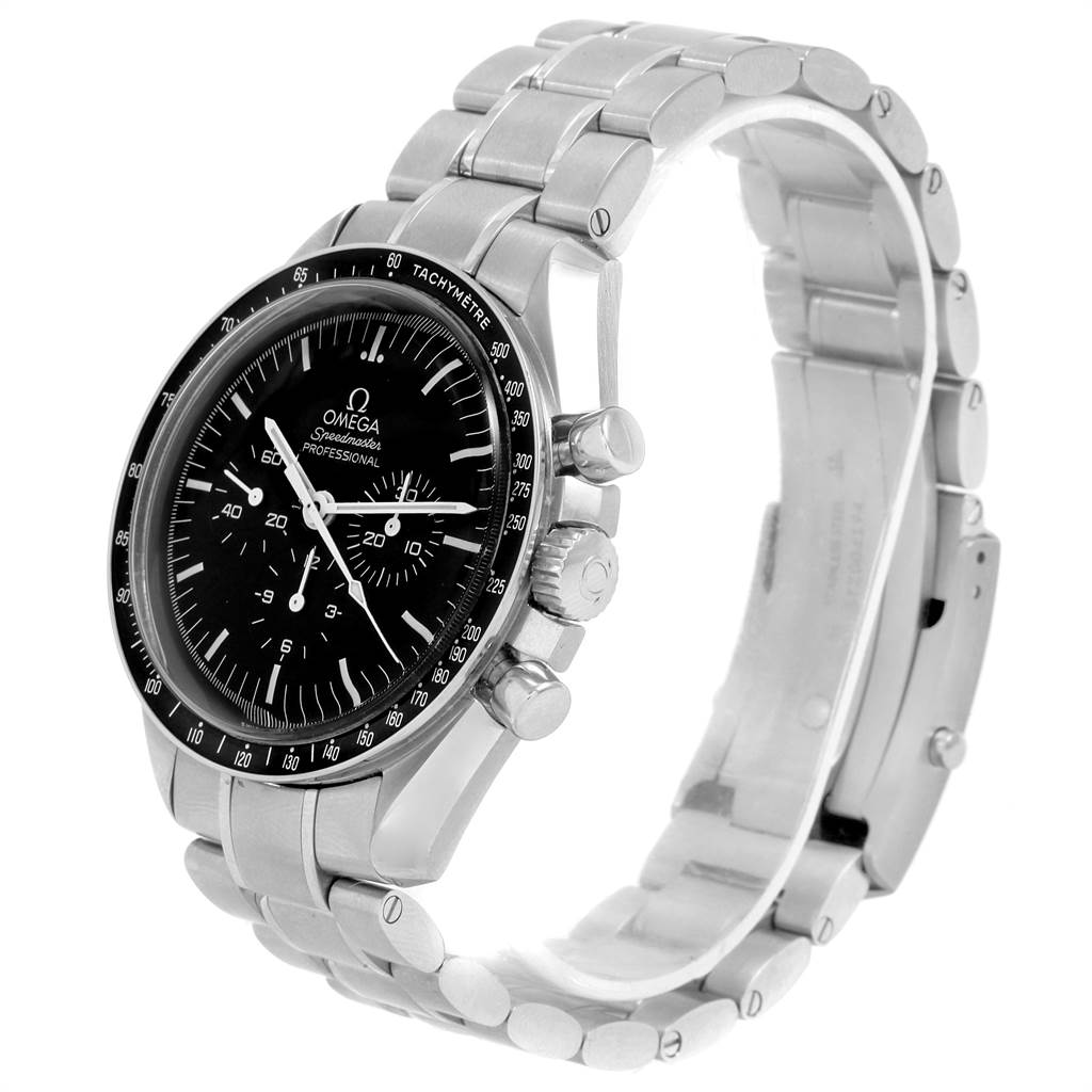 The image displays the Omega Speedmaster 311.30.42.30.01.005 Men
s Stainless Steel Black Dial 311.30.42.30.01.005 Men
s Stainless Steel Black Dial watch at a front-left angle, showing the face, bezel, crown, pushers, and stainless steel bracelet.