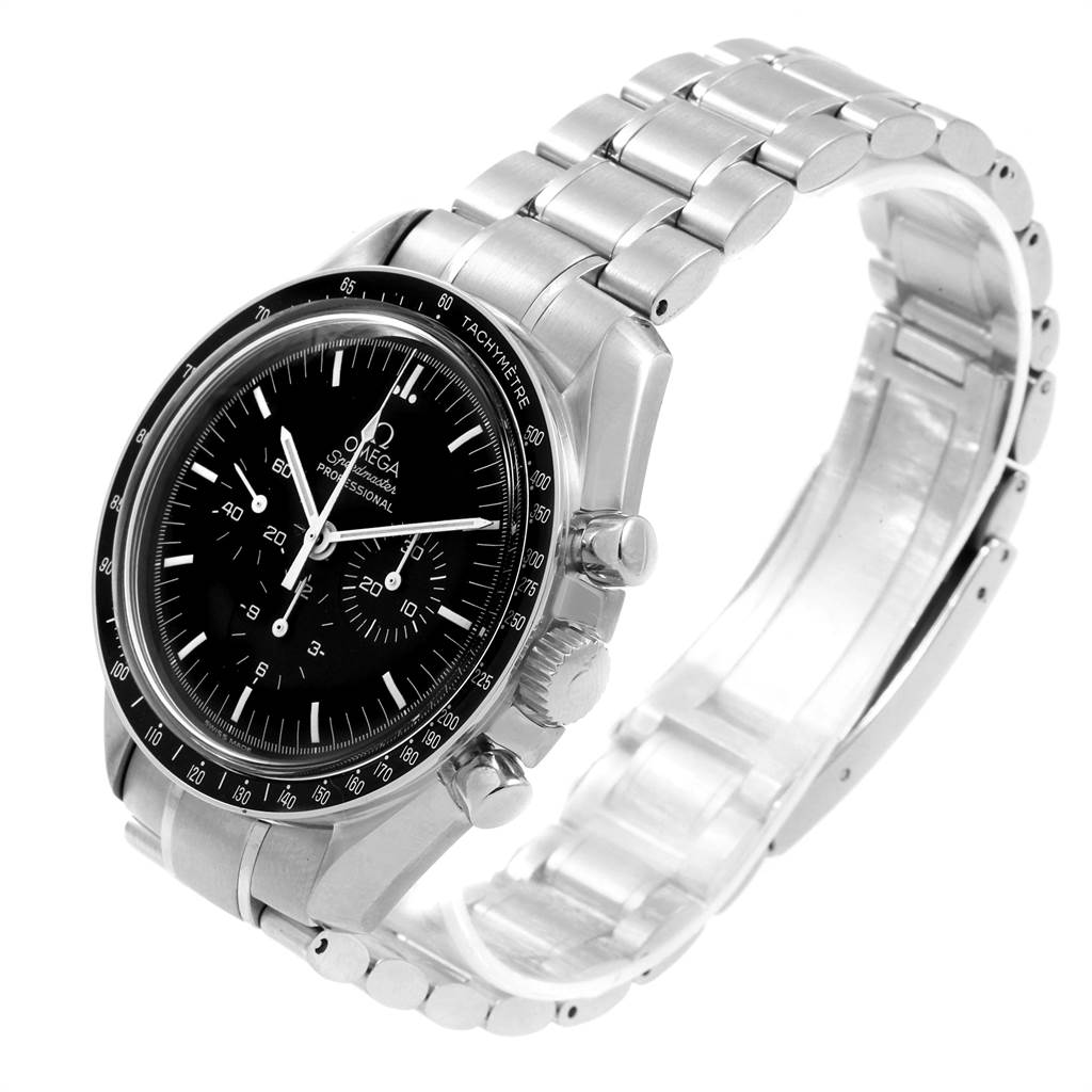 The Omega Speedmaster 3572.50.00 Men's Stainless Steel Black Dial 3572.50.00 Men's Stainless Steel Black Dial watch is shown at a three-quarter angle, highlighting the face, bezel, and stainless steel bracelet.